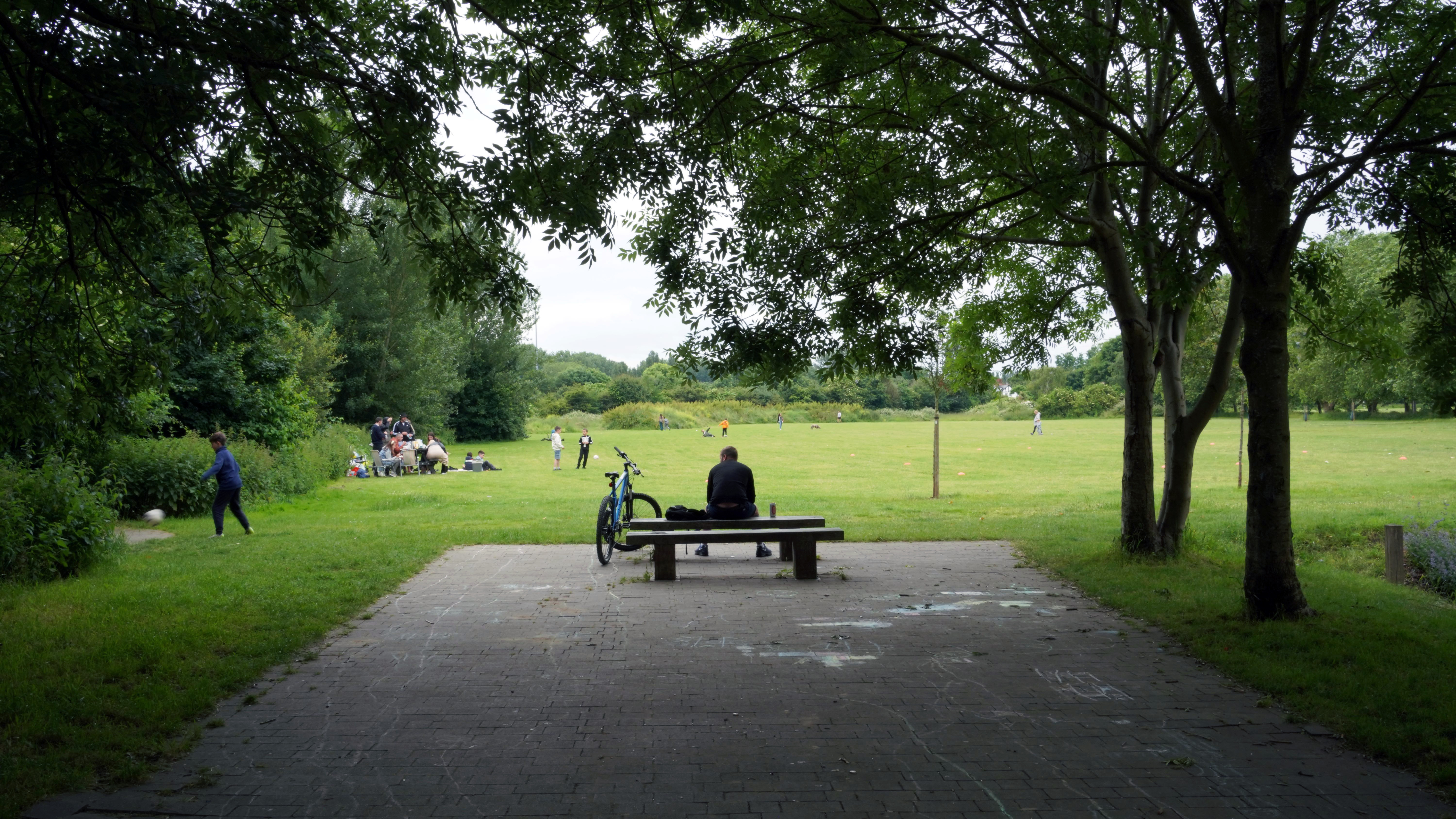 A man sits in a park looking at the activity taking place before him where distributed groups of people have gathered. 
